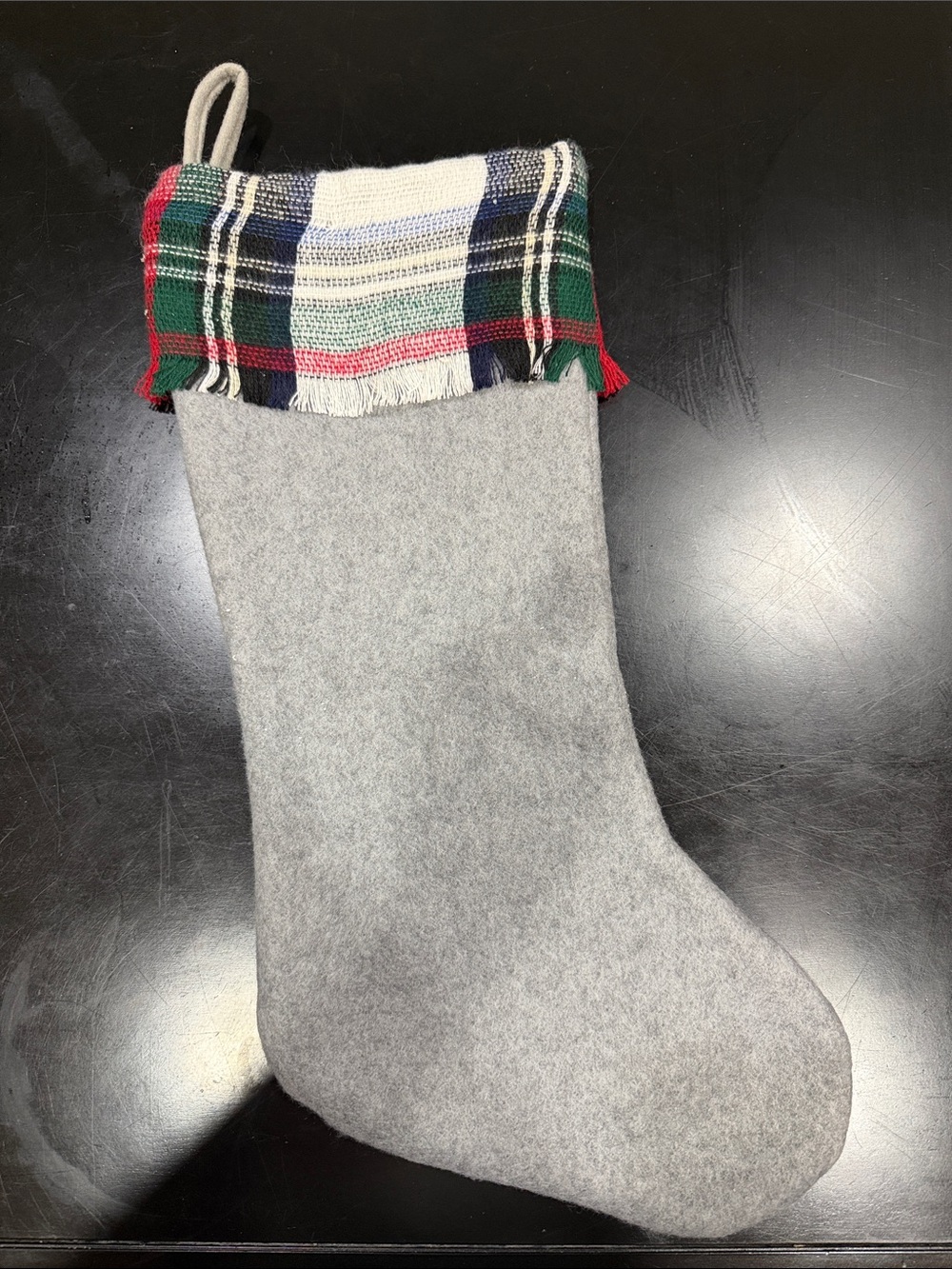 NWT!!Gray Felt Holiday Stocking with Plaid Cuff